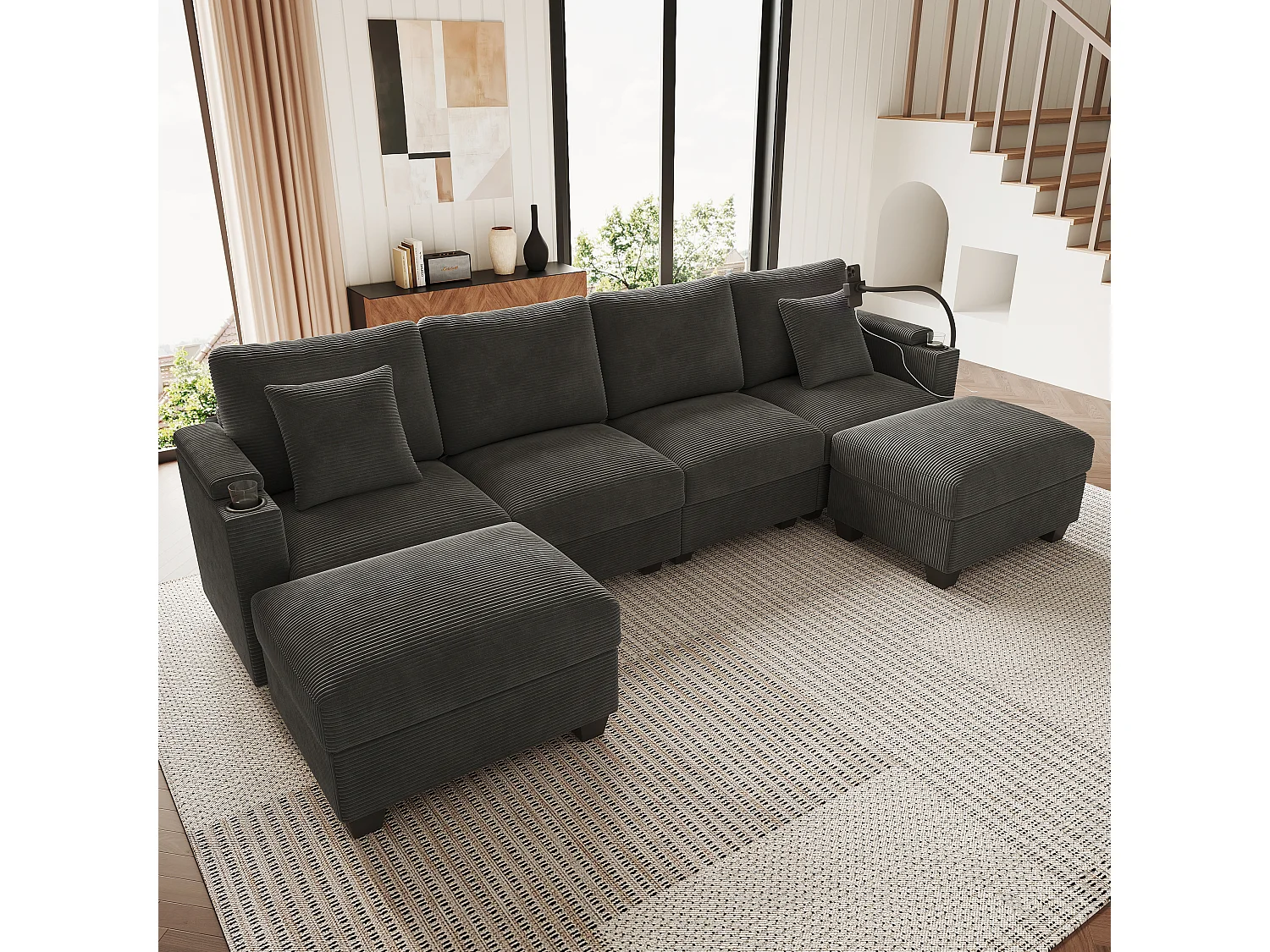 Canapé 4 places en forme de U - Velours côtelé - Équipé d'un support pour téléphone et d'un port de chargement USB - Gris