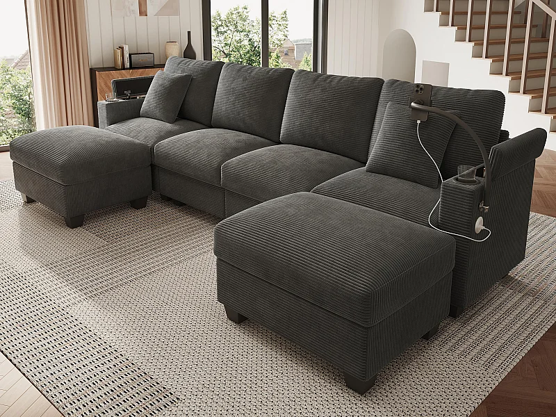 Canapé 4 places en forme de U - Velours côtelé - Équipé d'un support pour téléphone et d'un port de chargement USB - Gris