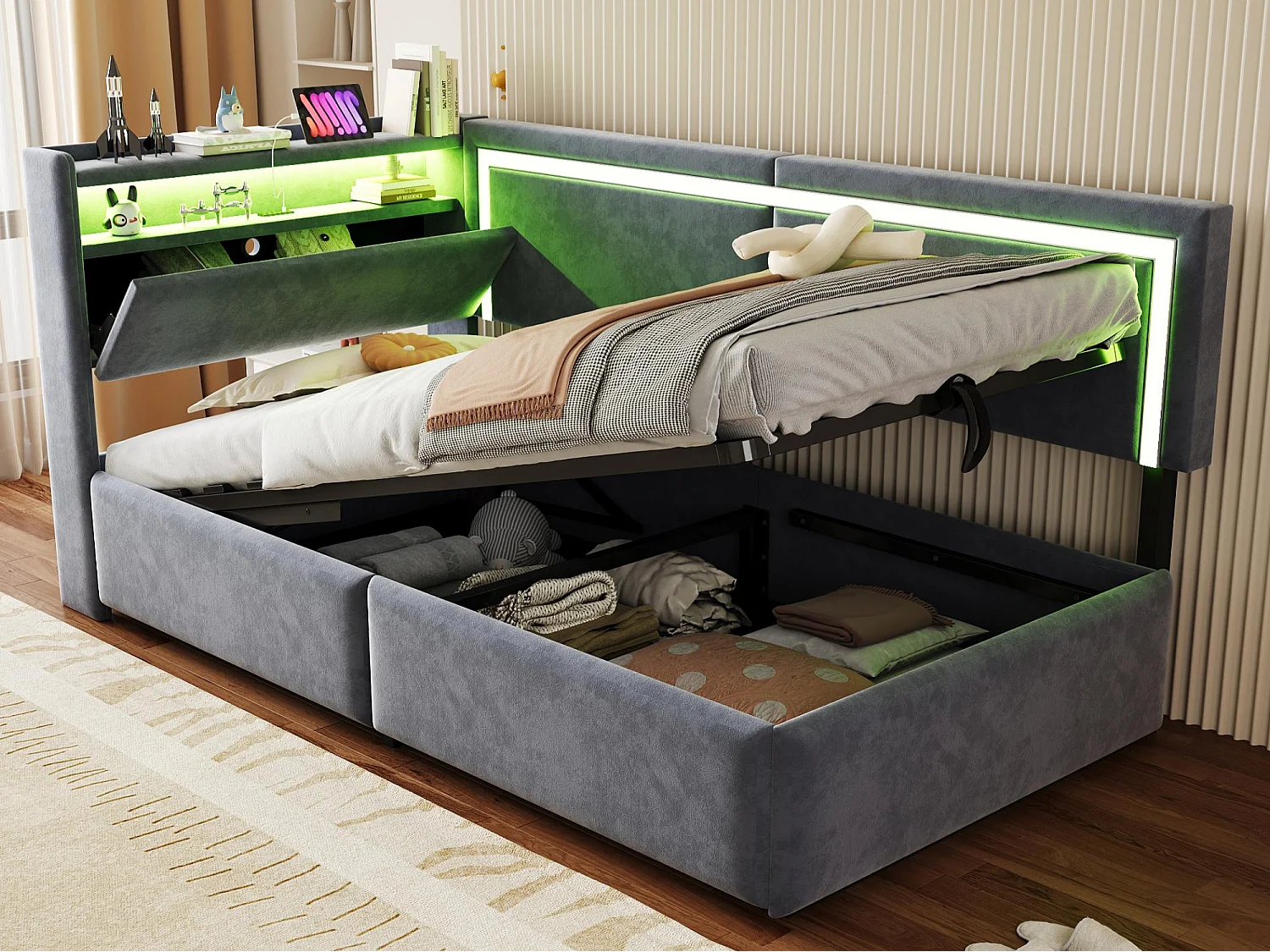 Sofá cama acolchado 90x200cm - con iluminación LED - con puertos USB - tejido de terciopelo - gris oscuro​ (colchón no incluido)