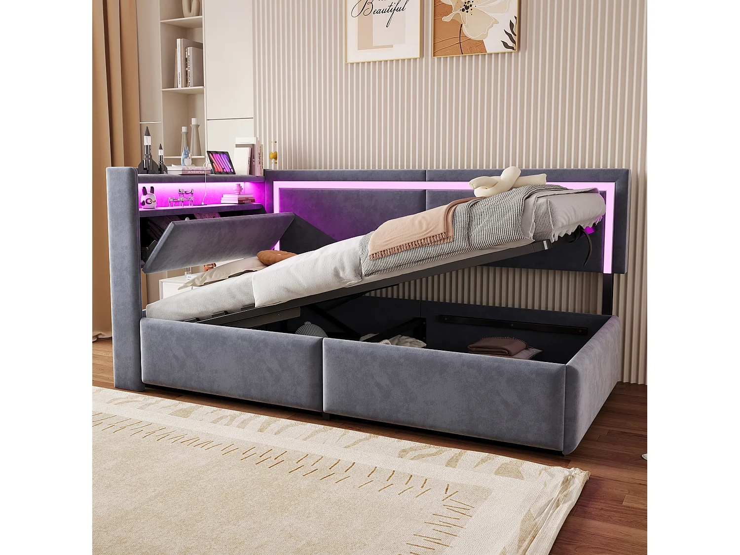 Sofá cama acolchado 90x200cm - con iluminación LED - con puertos USB - tejido de terciopelo - gris oscuro​ (colchón no incluido)