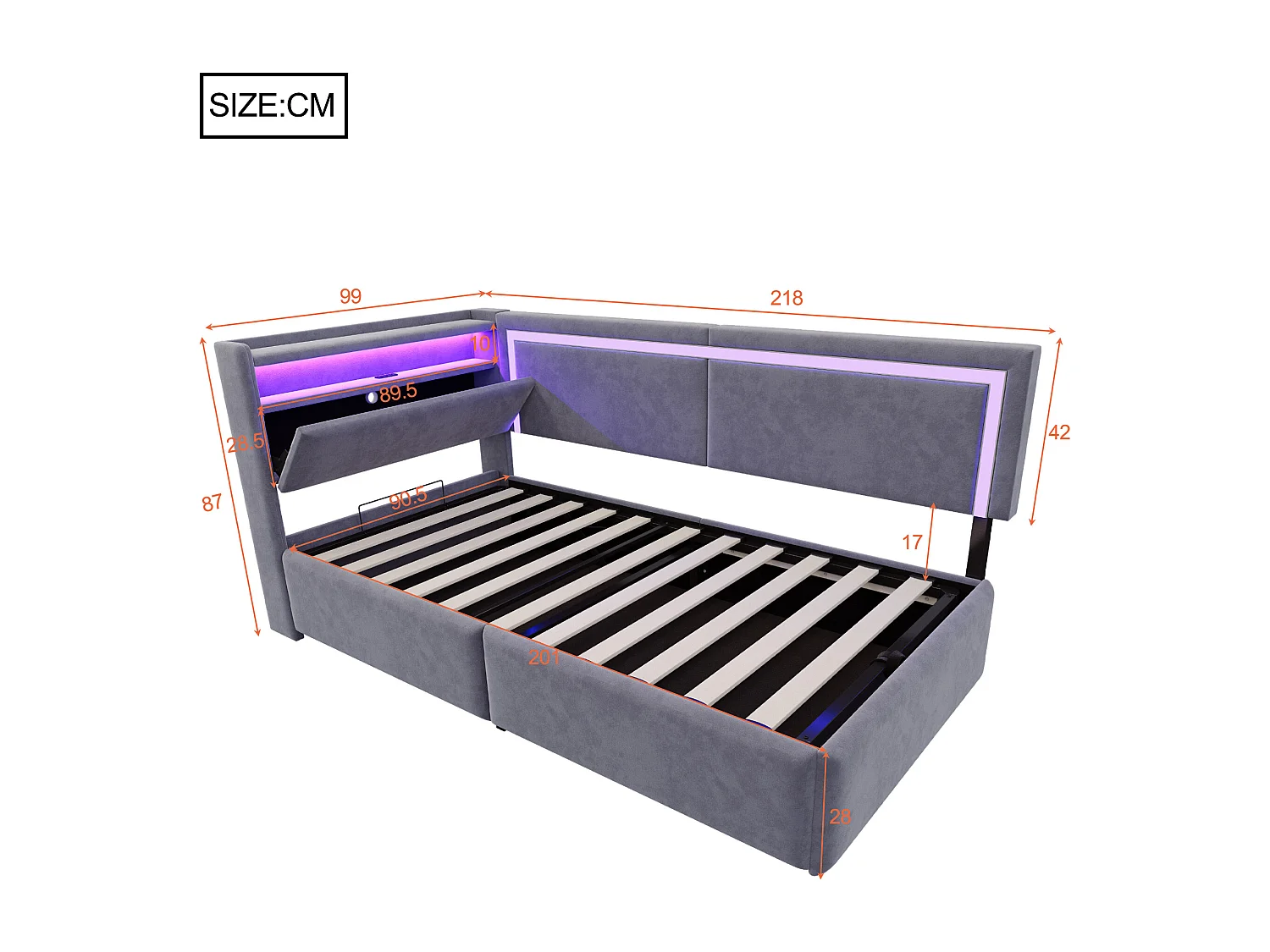 Sofá cama acolchado 90x200cm - con iluminación LED - con puertos USB - tejido de terciopelo - gris oscuro​ (colchón no incluido)