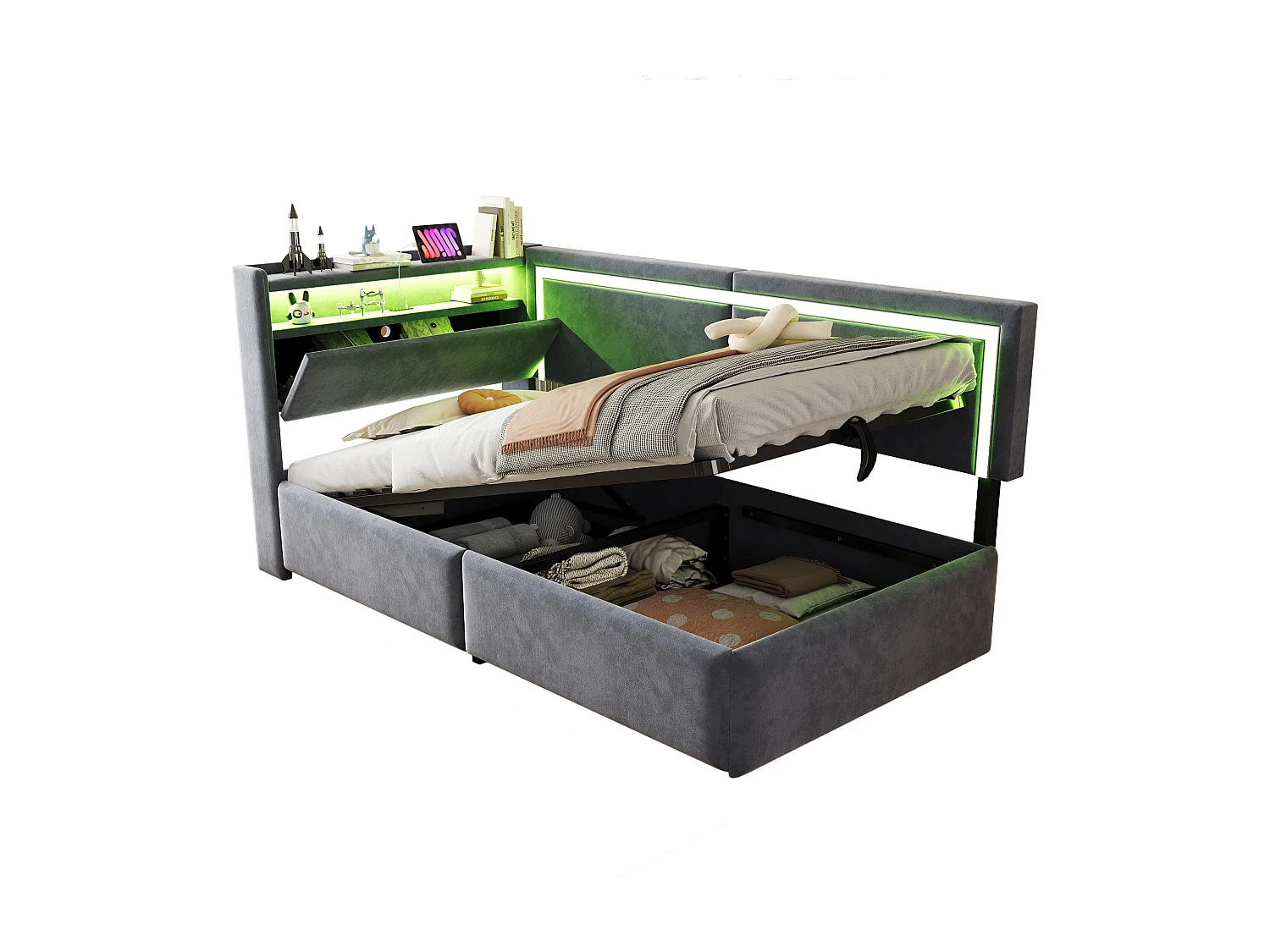 Sofá cama acolchado 90x200cm - con iluminación LED - con puertos USB - tejido de terciopelo - gris oscuro​ (colchón no incluido)