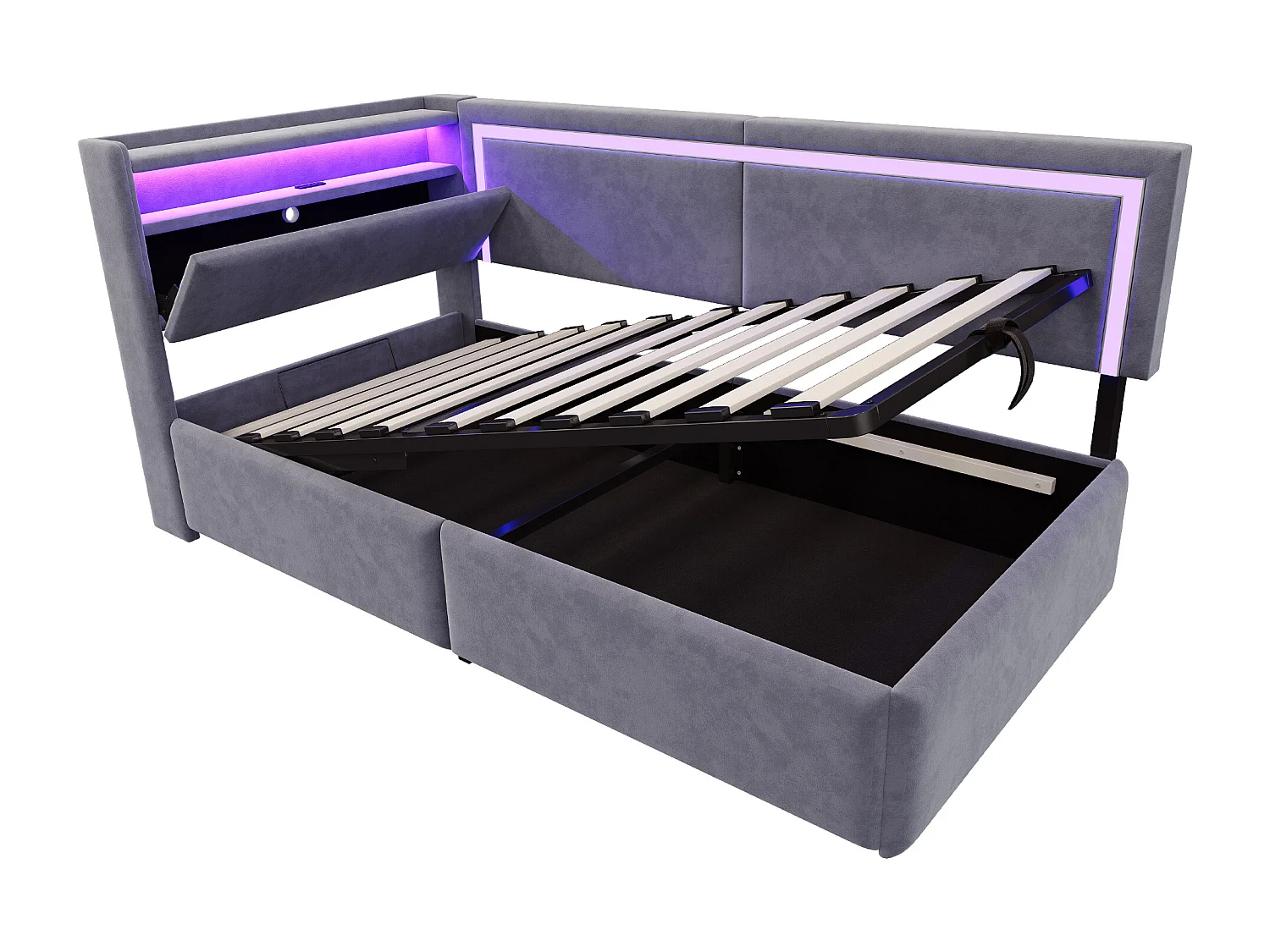 Sofá cama acolchado 90x200cm - con iluminación LED - con puertos USB - tejido de terciopelo - gris oscuro​ (colchón no incluido)