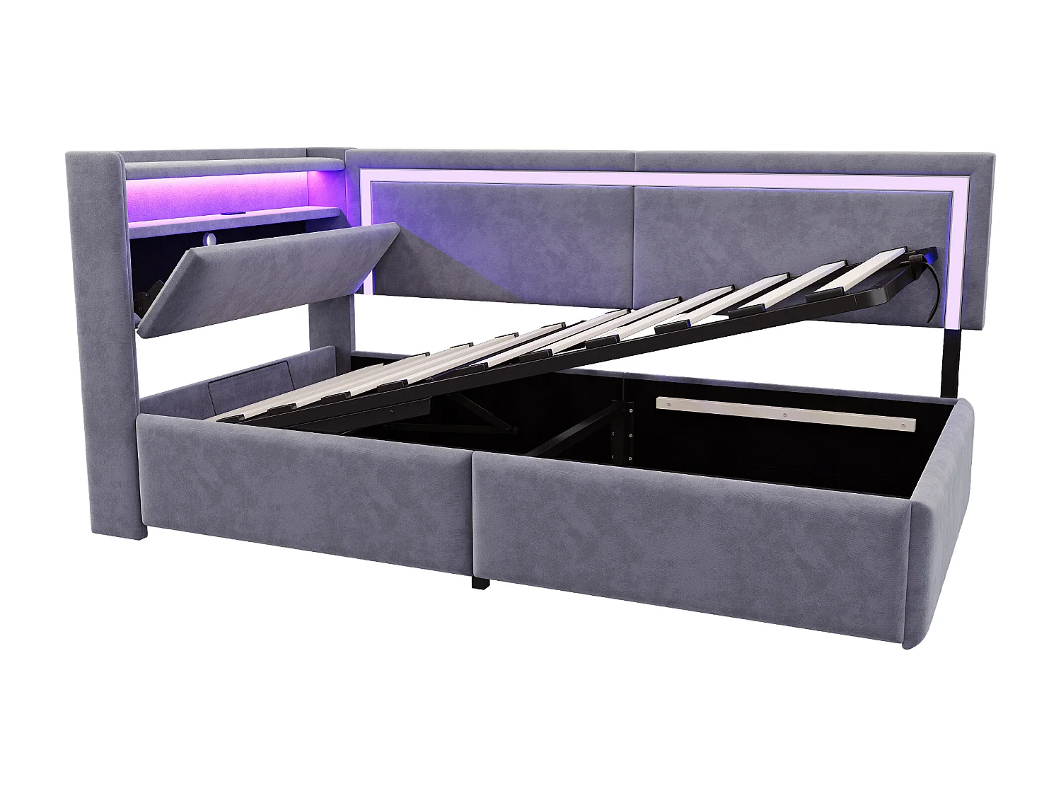 Sofá cama acolchado 90x200cm - con iluminación LED - con puertos USB - tejido de terciopelo - gris oscuro​ (colchón no incluido)