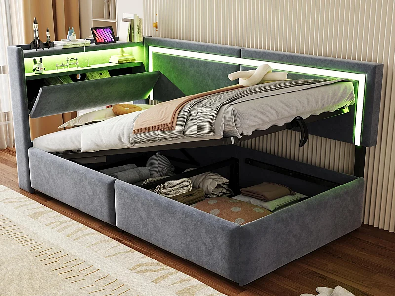 Sofá cama acolchado 90x200cm - con iluminación LED - con puertos USB - tejido de terciopelo - gris oscuro​ (colchón no incluido)