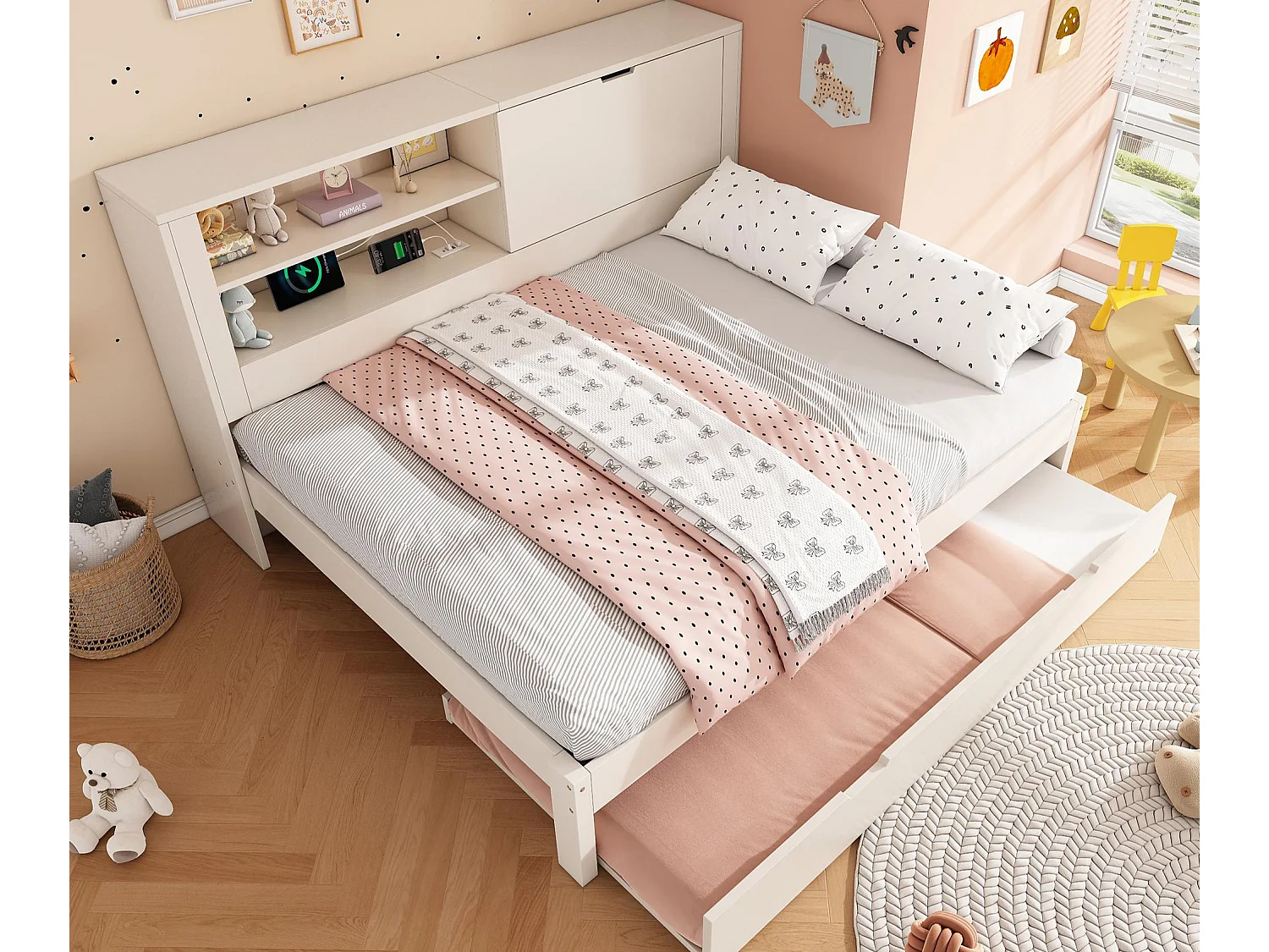 Canapé-lit 140x190cm - avec lit gigogne - avec USB/Type-C - avec 1 porte et compartiment de rangement - blanc (matelas non inclus)