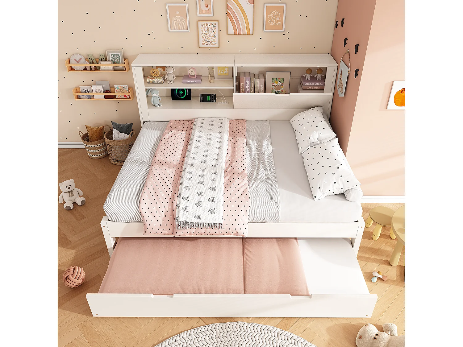 Canapé-lit 140x190cm - avec lit gigogne - avec USB/Type-C - avec 1 porte et compartiment de rangement - blanc (matelas non inclus)