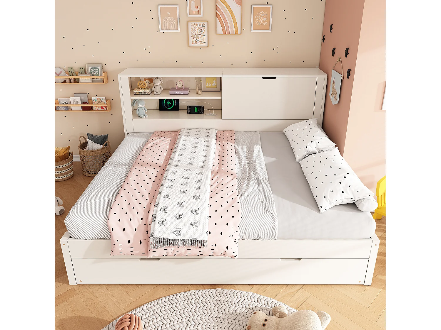 Canapé-lit 140x190cm - avec lit gigogne - avec USB/Type-C - avec 1 porte et compartiment de rangement - blanc (matelas non inclus)