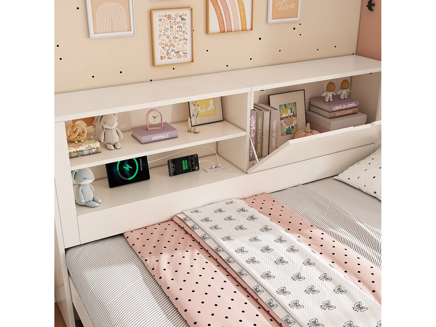 Canapé-lit 140x190cm - avec lit gigogne - avec USB/Type-C - avec 1 porte et compartiment de rangement - blanc (matelas non inclus)