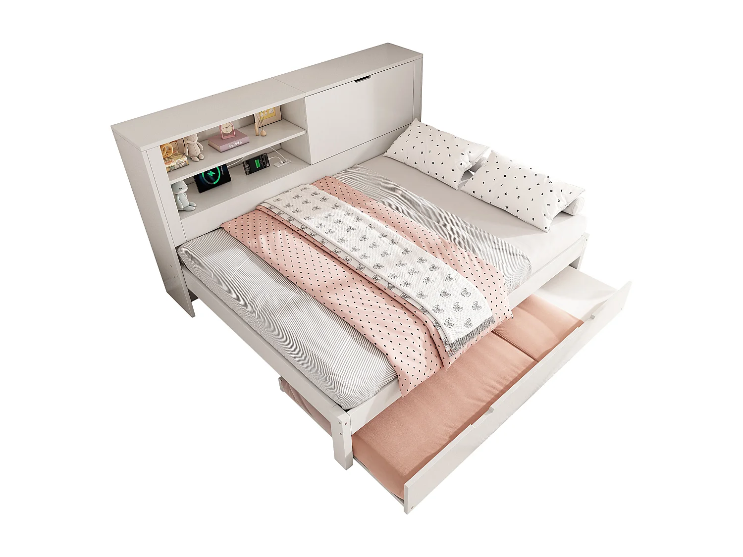 Canapé-lit 140x190cm - avec lit gigogne - avec USB/Type-C - avec 1 porte et compartiment de rangement - blanc (matelas non inclus)