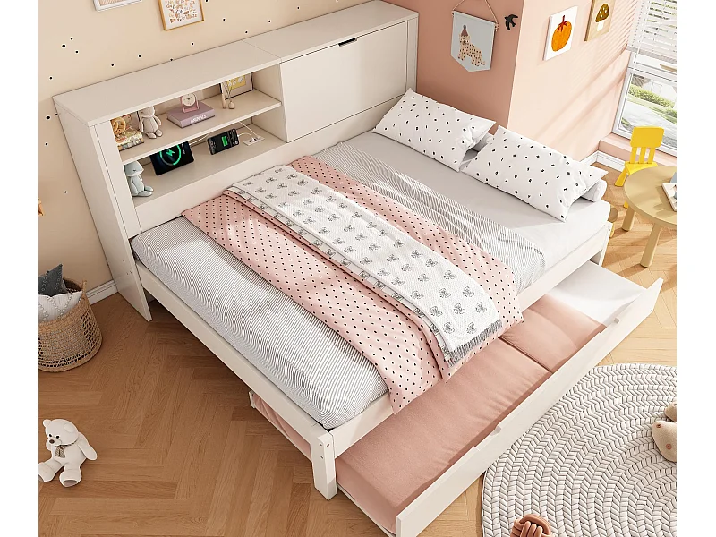 Canapé-lit 140x190cm - avec lit gigogne - avec USB/Type-C - avec 1 porte et compartiment de rangement - blanc (matelas non inclus)