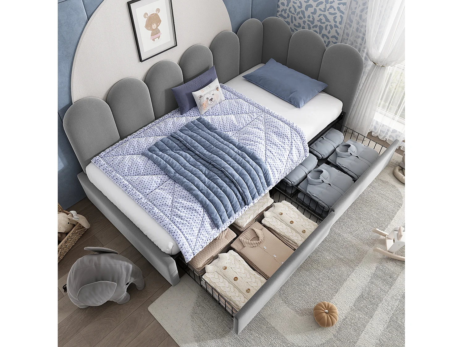 Schlafsofa 90x190 cm - mit 2 Schubladen - Samtstoff - mit Lattenrost - Grau​ (ohne Matratze)