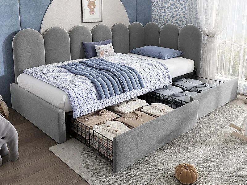 Schlafsofa 90x190 cm - mit 2 Schubladen - Samtstoff - mit Lattenrost - Grau​ (ohne Matratze)