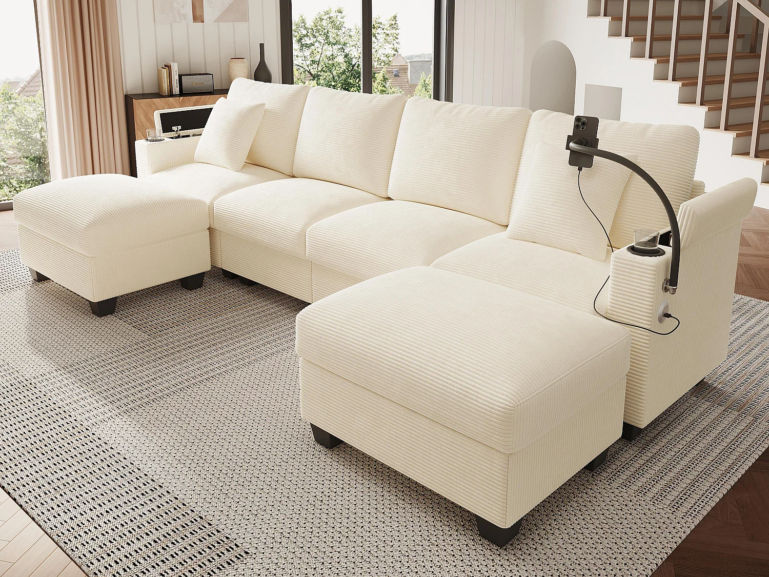 Sofá 4 lugares em forma de U - Veludo canelado - Equipado con suporte para telefone e porta de carregamento USB - Bege