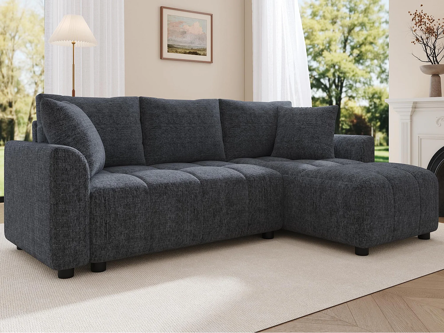 Canapé d'angle 3 places en L - Tissu chenille - avec 2 coussins - Gris