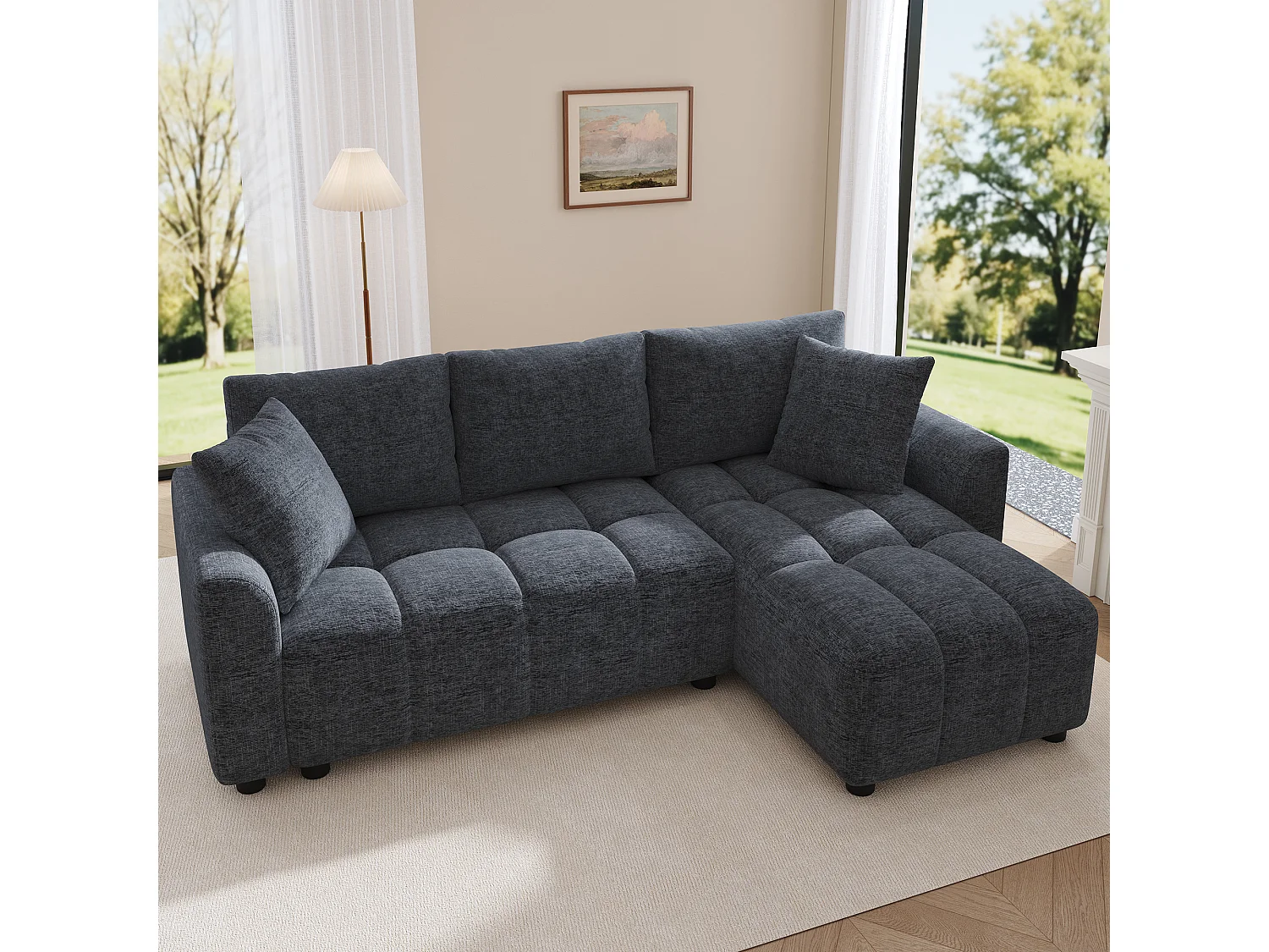 Canapé d'angle 3 places en L - Tissu chenille - avec 2 coussins - Gris