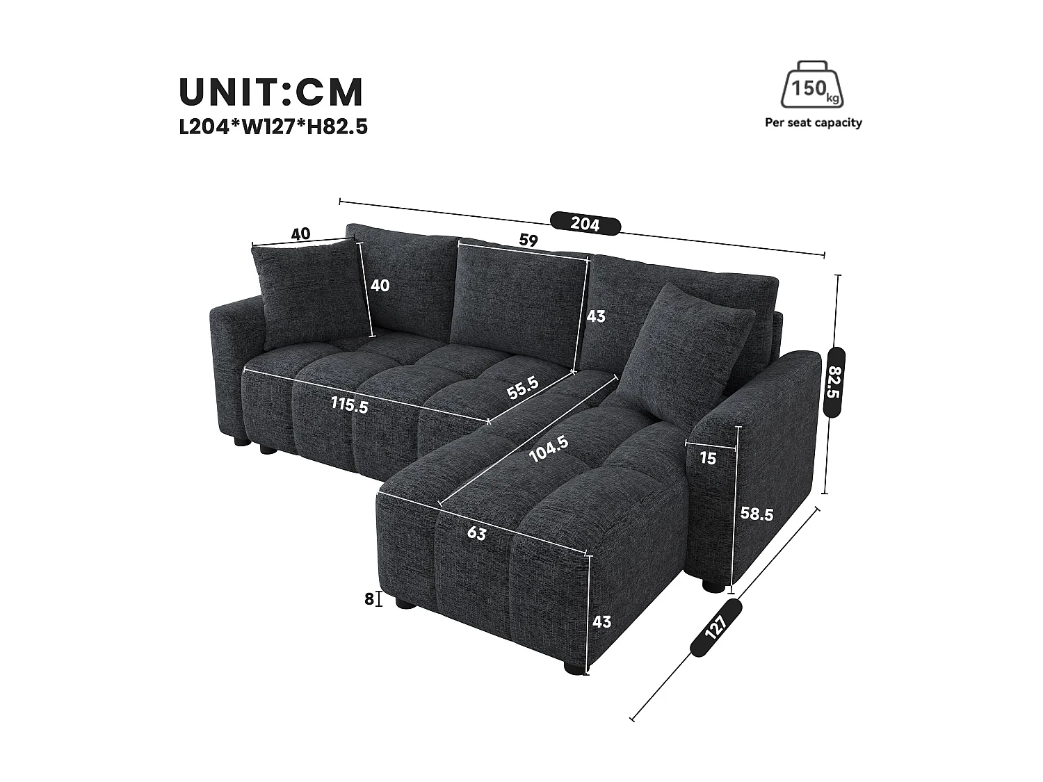 Canapé d'angle 3 places en L - Tissu chenille - avec 2 coussins - Gris