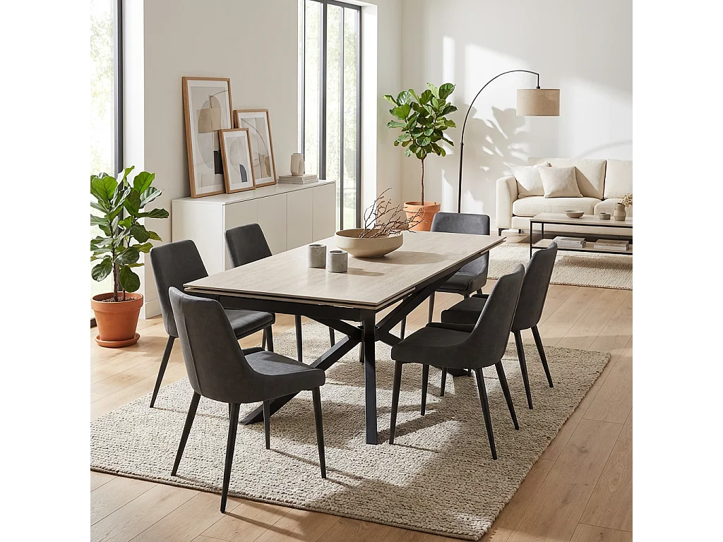 Table a manger extensible céramique effet travertin beige métal noir 180 260 cm NANA