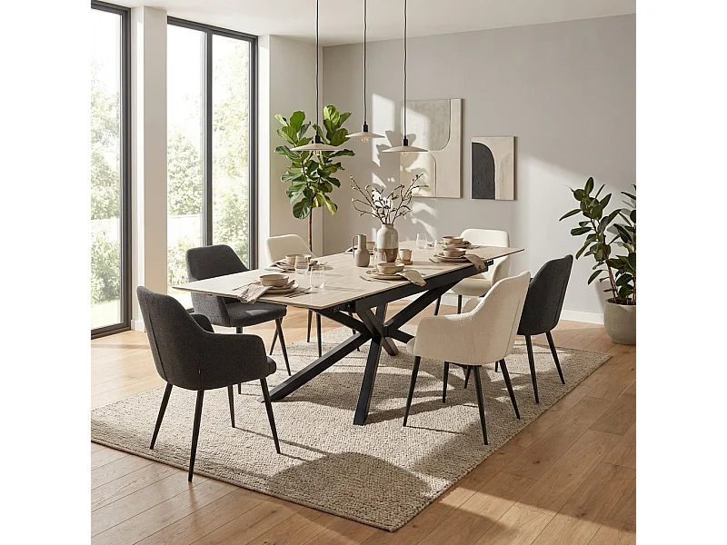 Table a manger extensible céramique effet travertin beige métal noir 180 260 cm NANA