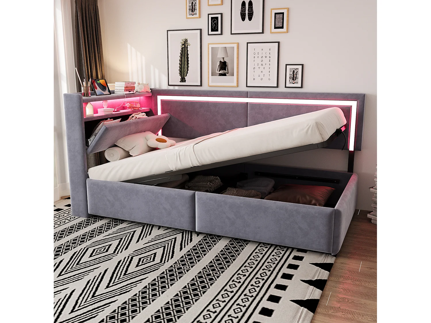 Sofá cama acolchado 90x200cm - con iluminación LED - con puertos USB - tejido de terciopelo - gris claro​ (colchón no incluido)