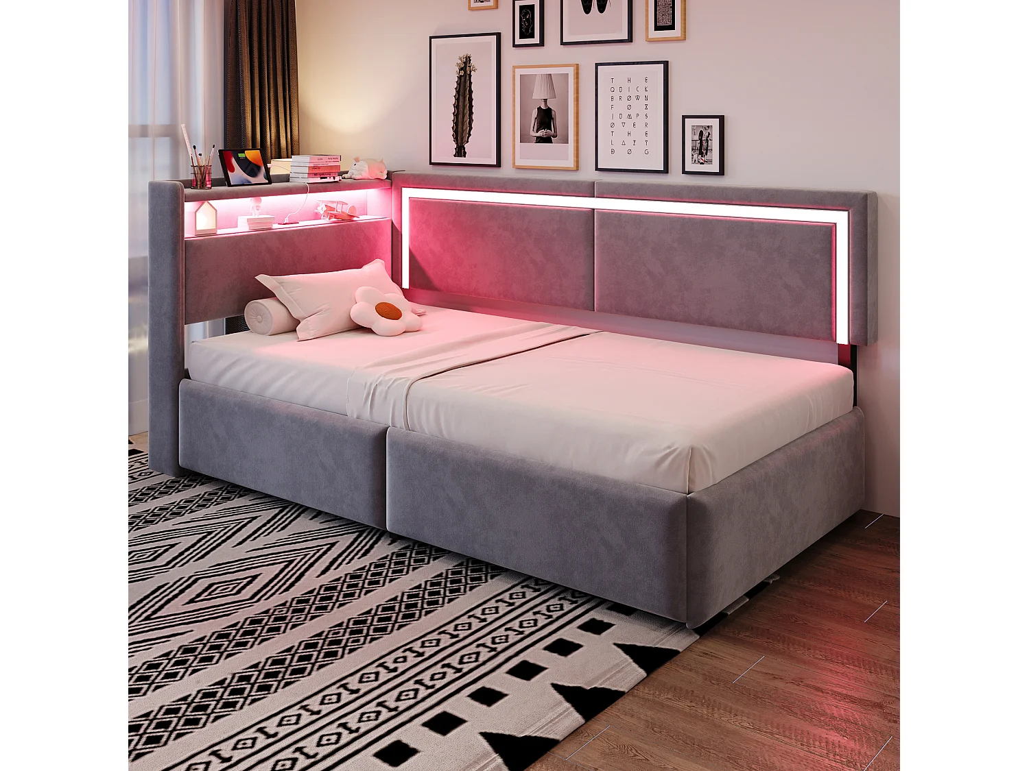 Sofá cama acolchado 90x200cm - con iluminación LED - con puertos USB - tejido de terciopelo - gris claro​ (colchón no incluido)