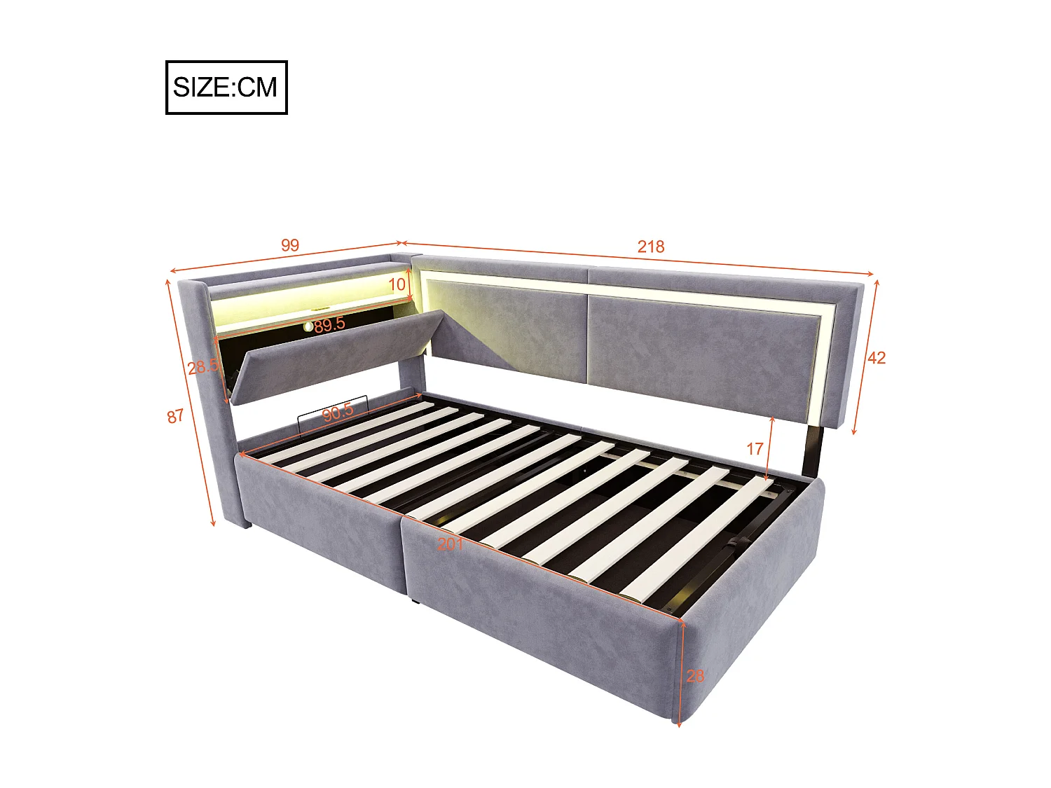 Sofá cama acolchado 90x200cm - con iluminación LED - con puertos USB - tejido de terciopelo - gris claro​ (colchón no incluido)