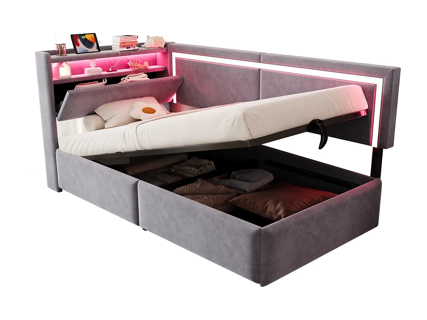 Sofá cama acolchado 90x200cm - con iluminación LED - con puertos USB - tejido de terciopelo - gris claro​ (colchón no incluido)