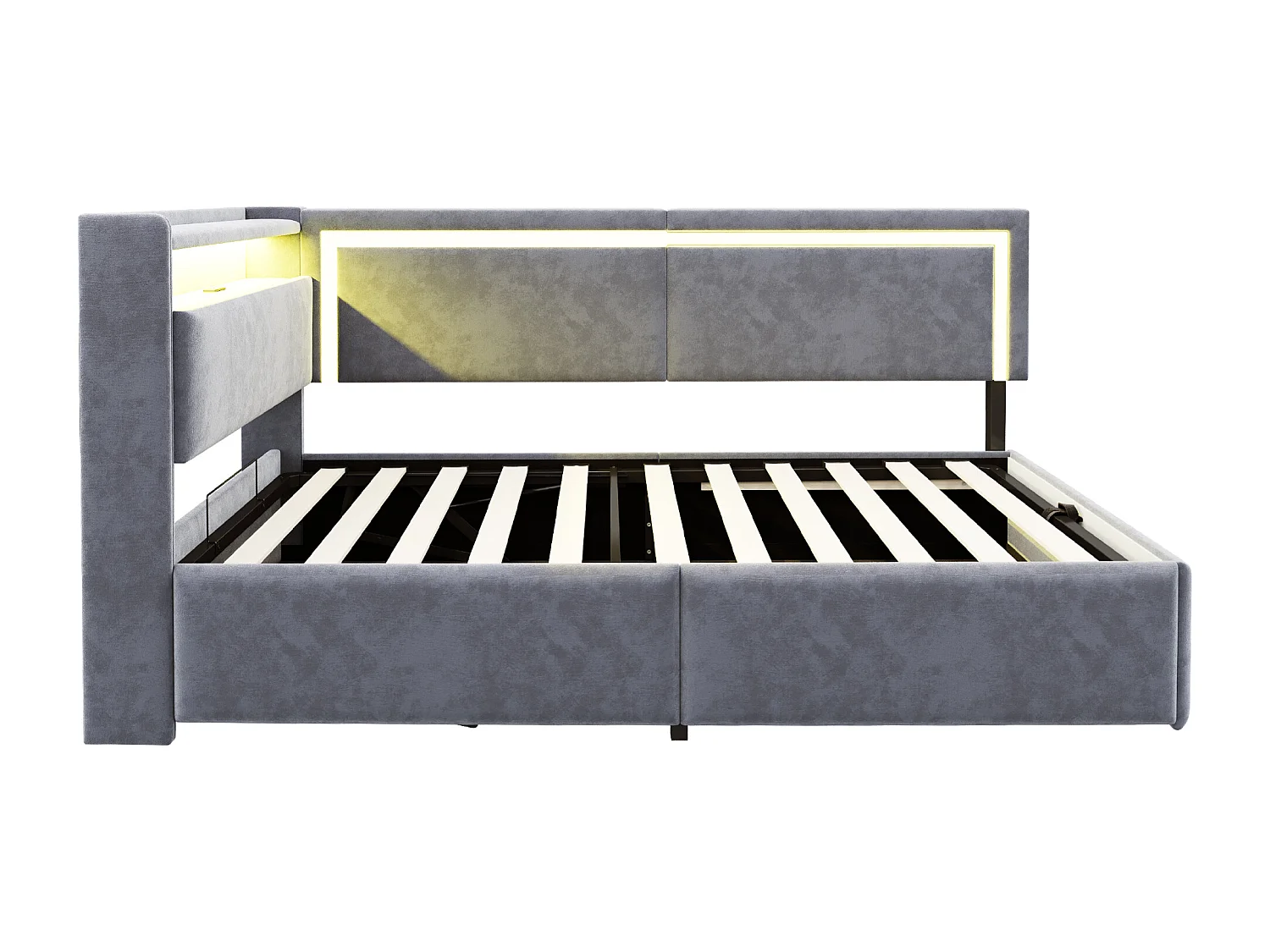 Sofá cama acolchado 90x200cm - con iluminación LED - con puertos USB - tejido de terciopelo - gris claro​ (colchón no incluido)