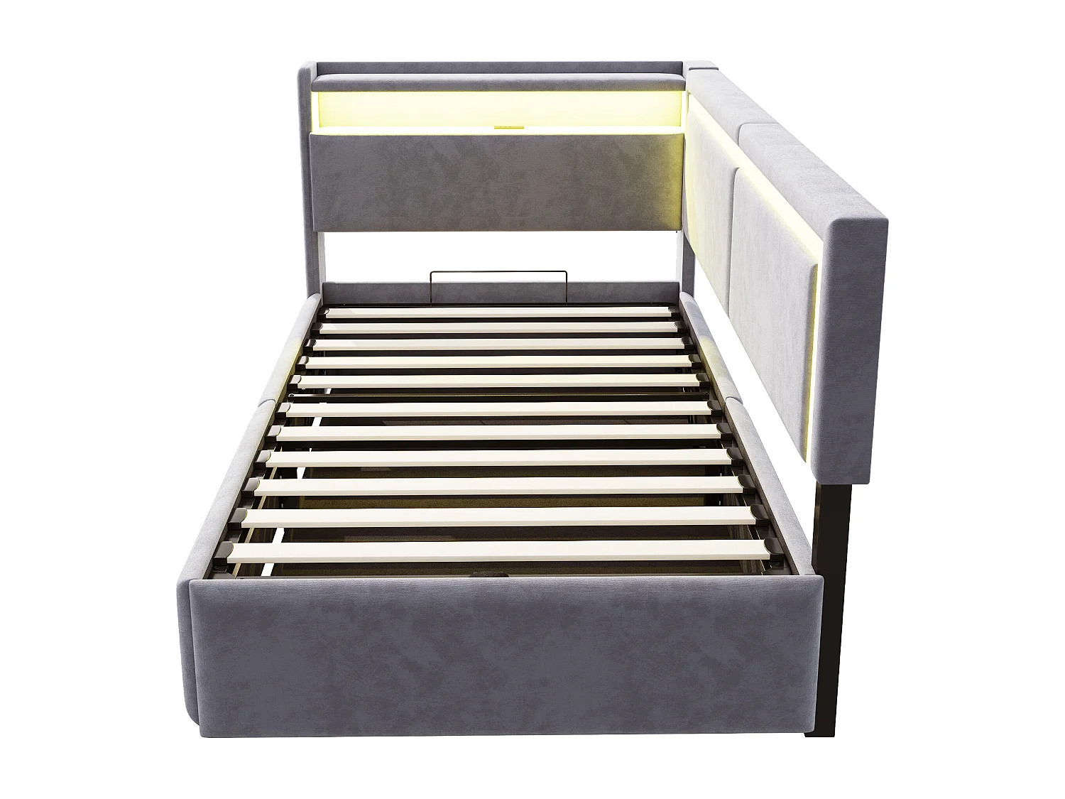 Sofá cama acolchado 90x200cm - con iluminación LED - con puertos USB - tejido de terciopelo - gris claro​ (colchón no incluido)