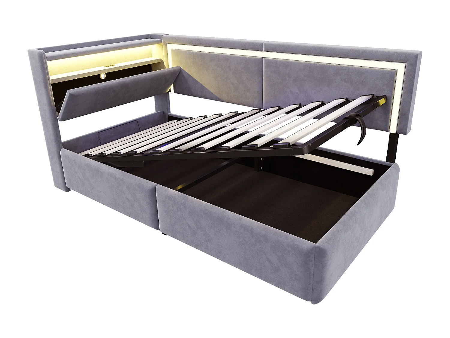 Sofá cama acolchado 90x200cm - con iluminación LED - con puertos USB - tejido de terciopelo - gris claro​ (colchón no incluido)