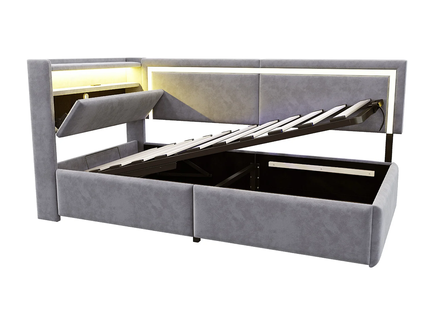 Sofá cama acolchado 90x200cm - con iluminación LED - con puertos USB - tejido de terciopelo - gris claro​ (colchón no incluido)