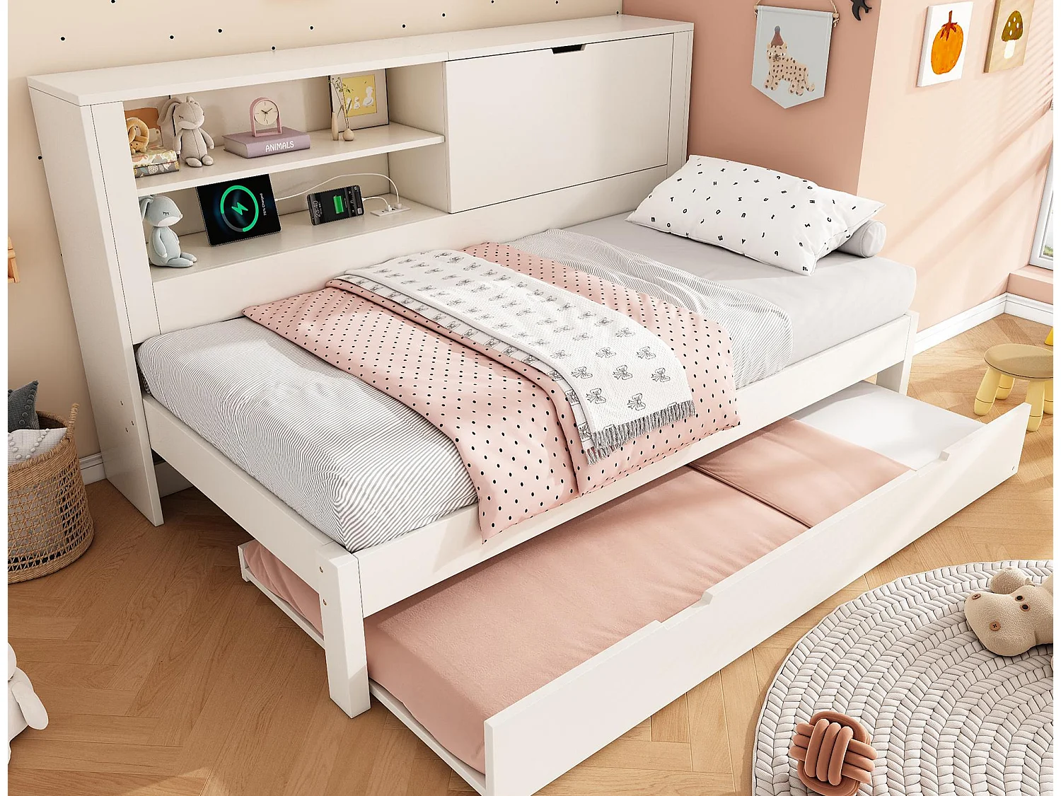 Canapé-lit 90x200cm - avec lit gigogne - avec USB/Type-C - avec 1 porte et compartiment de rangement - blanc (matelas non inclus)