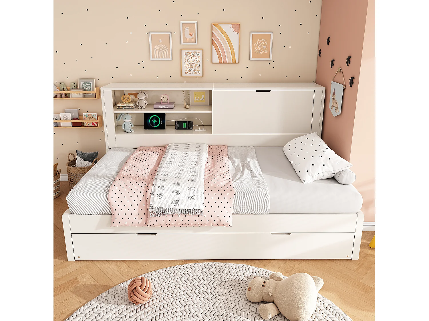 Canapé-lit 90x200cm - avec lit gigogne - avec USB/Type-C - avec 1 porte et compartiment de rangement - blanc (matelas non inclus)