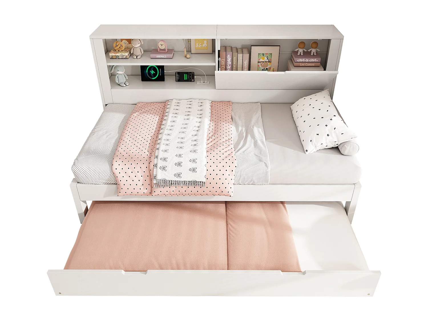 Canapé-lit 90x200cm - avec lit gigogne - avec USB/Type-C - avec 1 porte et compartiment de rangement - blanc (matelas non inclus)