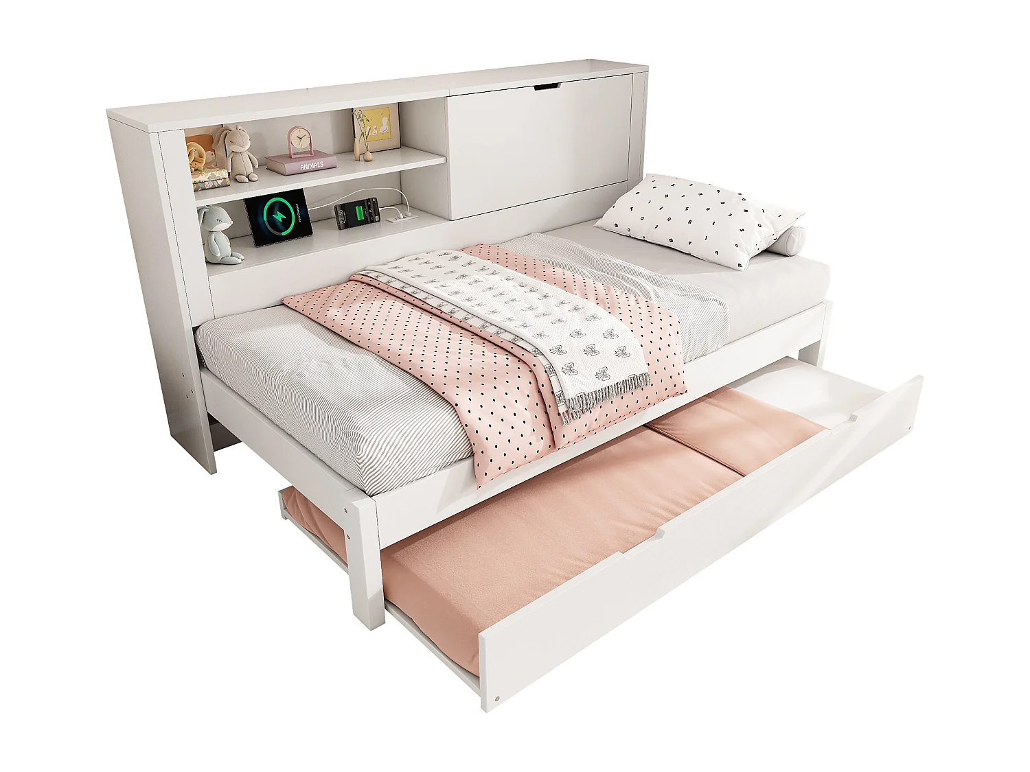 Canapé-lit 90x200cm - avec lit gigogne - avec USB/Type-C - avec 1 porte et compartiment de rangement - blanc (matelas non inclus)