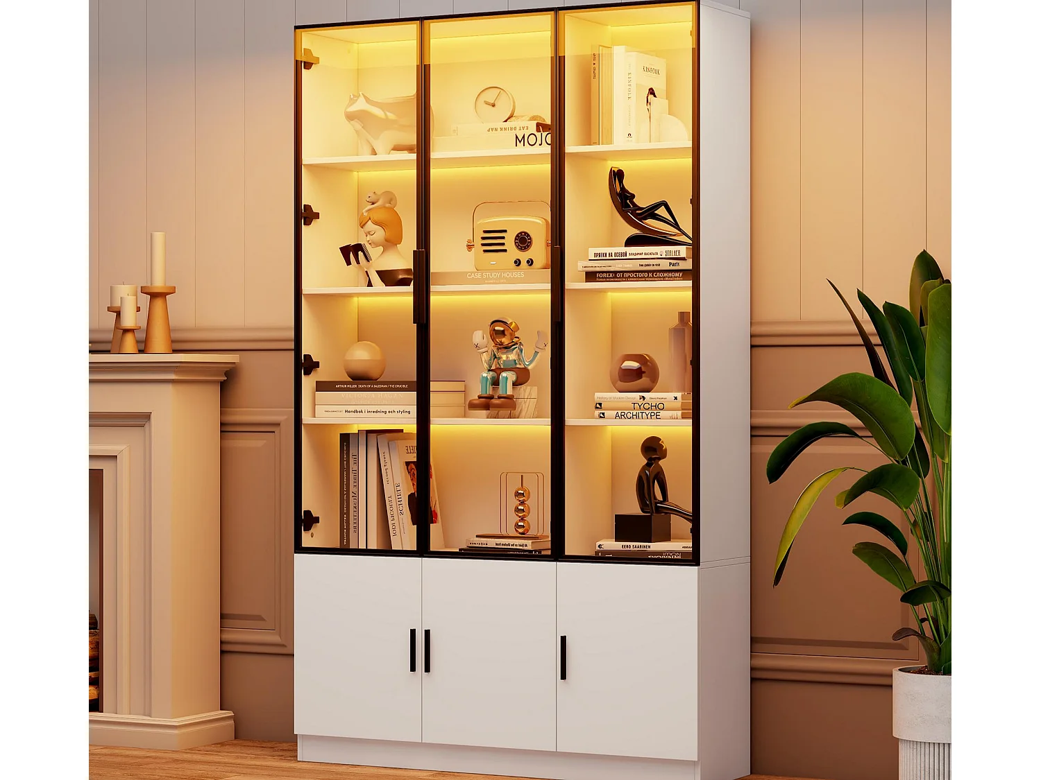 Vitrine moderne 120x32x200 cm - Éclairage LED - 6 portes - MDF - Blanc