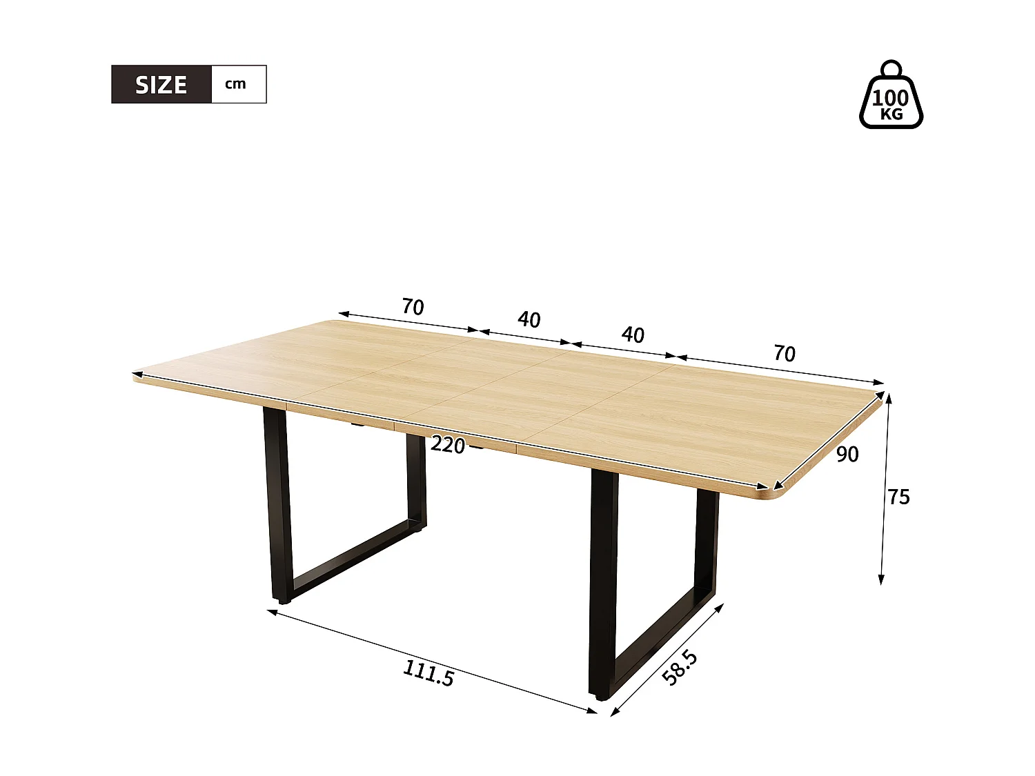 Table à manger extensible 140/180x220x90 cm - idéale pour 6 à 10 personnes - pieds en métal - Style moderne - Naturel