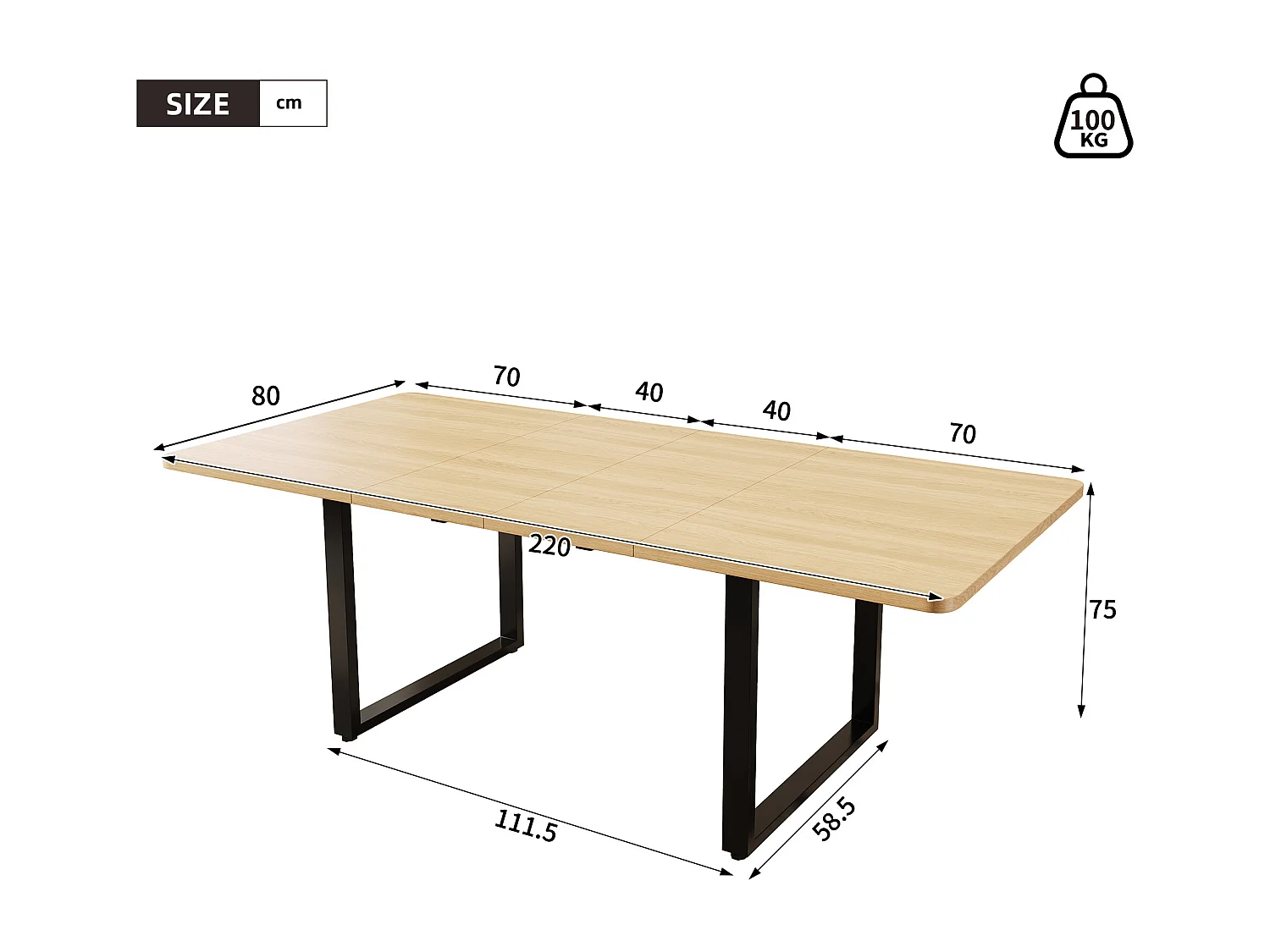 Table à manger extensible 140/180x220x80 cm - idéale pour 6 à 10 personnes - pieds en métal - Style moderne - Naturel
