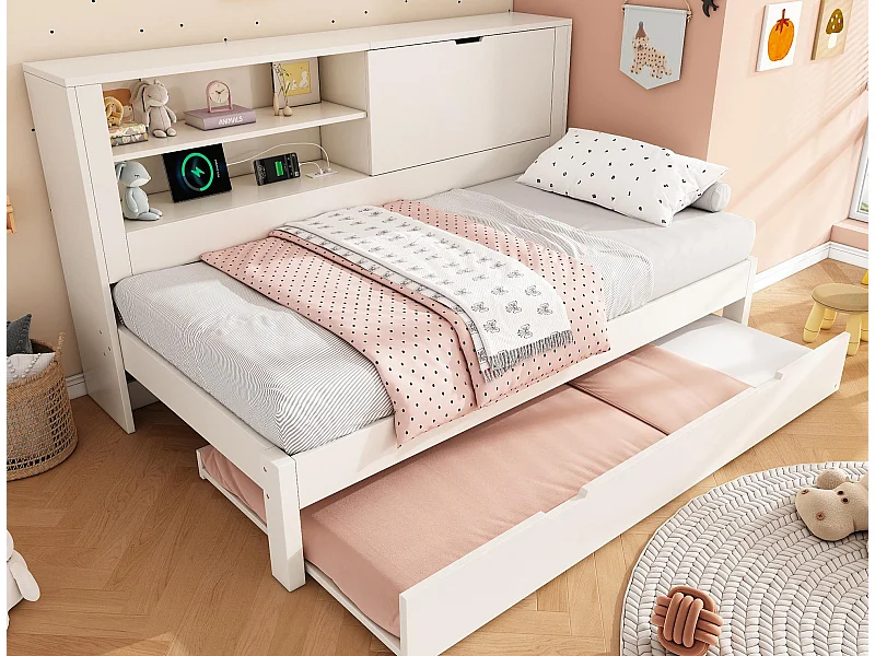 Kanapa rozkładana 90x190cm - z łóżkiem chowanym - z USB/Type-C - z 1 drzwiami i przegródką do przechowywania - biały​ (materac nie jest wliczony w cenę)