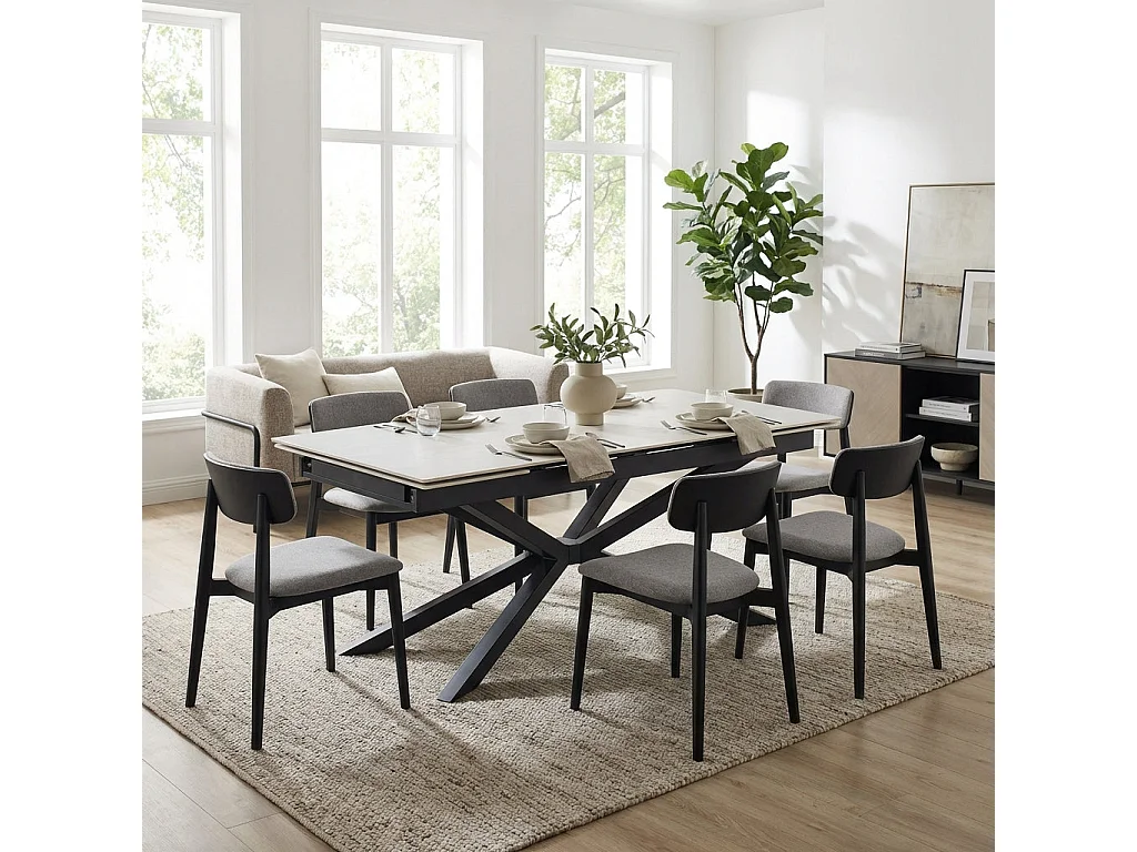 Table a manger extensible céramique effet travertin blanc métal noir 180 260 cm NANA