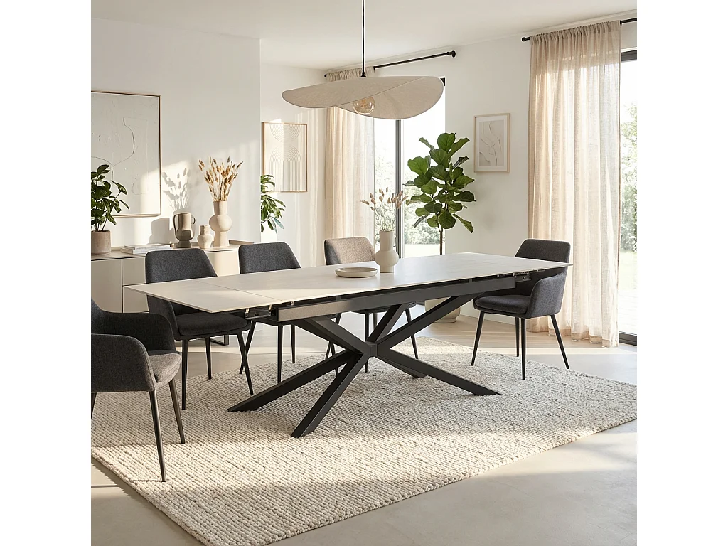 Table a manger extensible céramique effet travertin blanc métal noir 180 260 cm NANA