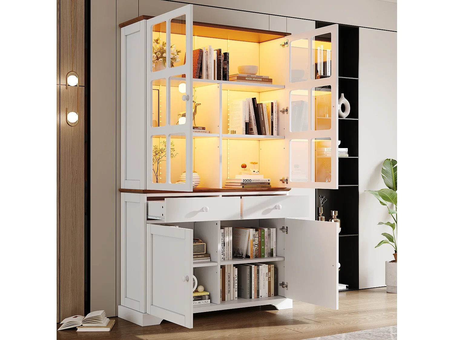 Vitrine 120x36,5x200 cm - avec éclairage LED - 2 tiroirs et 4 portes - MDF - Blanc