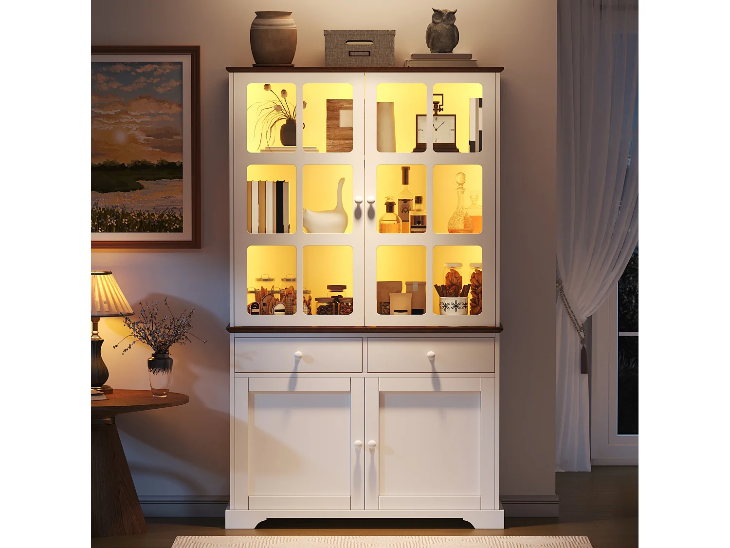 Vitrine 120x36,5x200 cm - avec éclairage LED - 2 tiroirs et 4 portes - MDF - Blanc