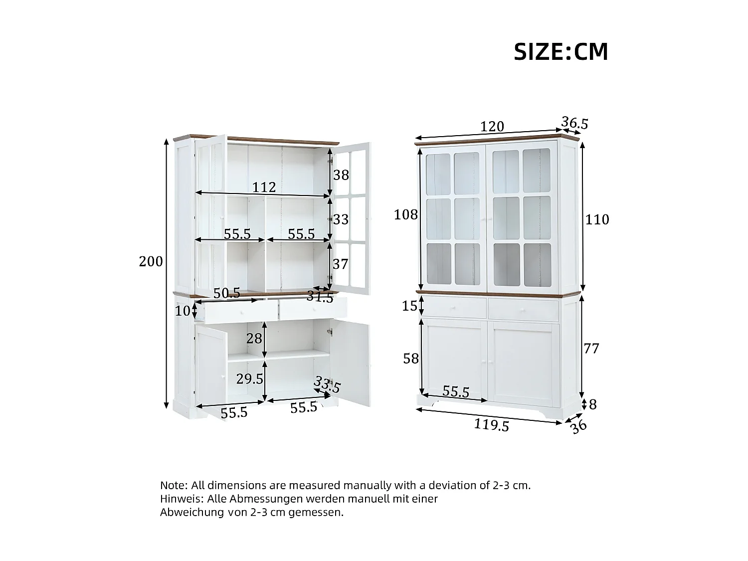 Vitrine 120x36,5x200 cm - avec éclairage LED - 2 tiroirs et 4 portes - MDF - Blanc
