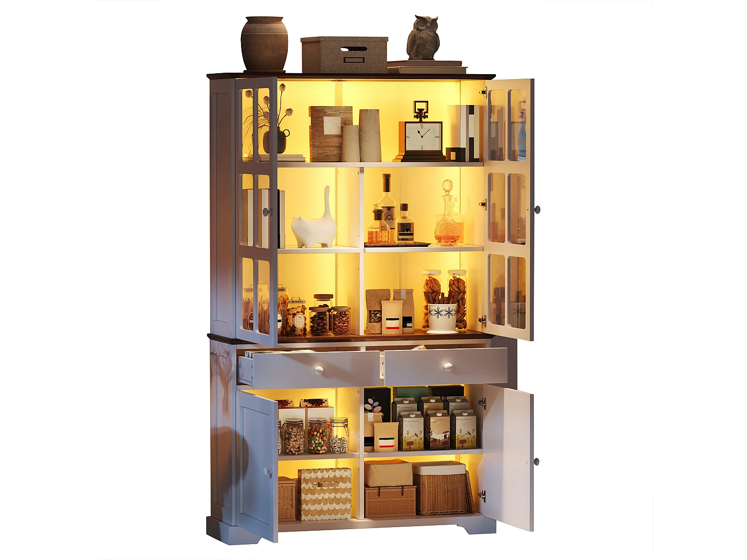 Vitrine 120x36,5x200 cm - avec éclairage LED - 2 tiroirs et 4 portes - MDF - Blanc