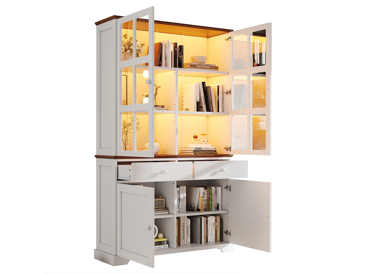 Vitrine 120x36,5x200 cm - avec éclairage LED - 2 tiroirs et 4 portes - MDF - Blanc