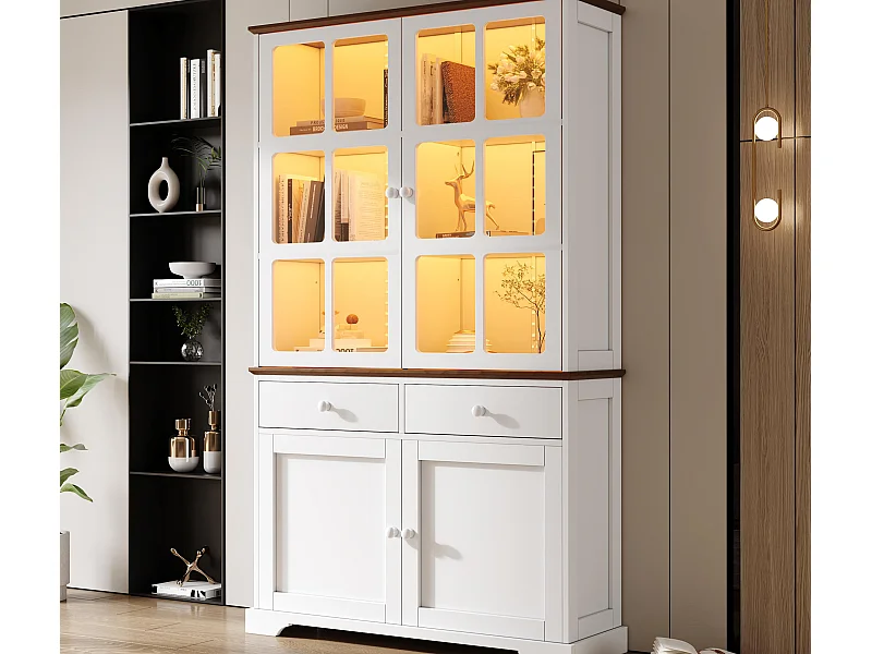 Vitrine 120x36,5x200 cm - avec éclairage LED - 2 tiroirs et 4 portes - MDF - Blanc