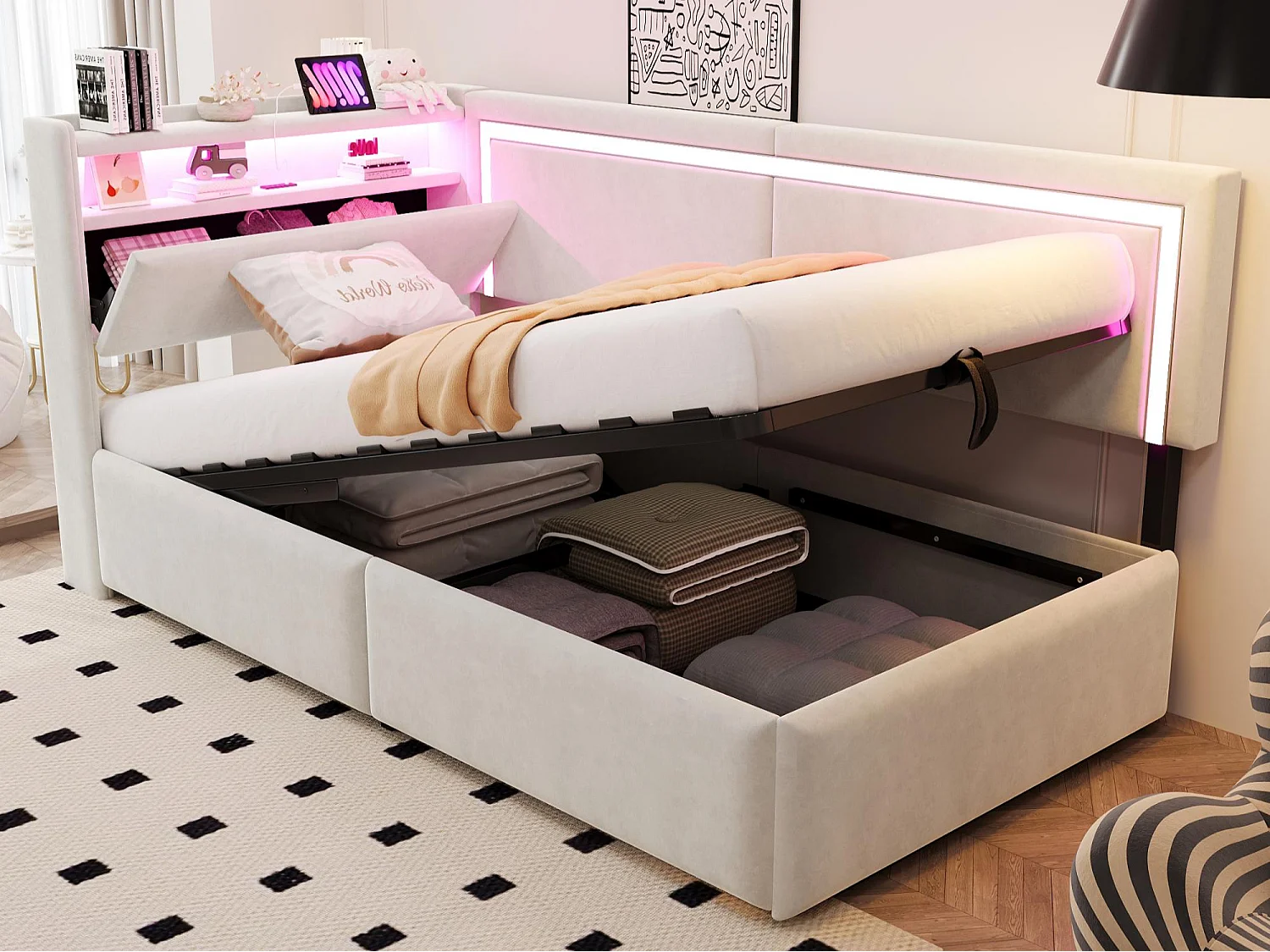 Sofá cama acolchado 90x200cm - con iluminación LED - con puertos USB - tejido de terciopelo - beige​ (colchón no incluido)