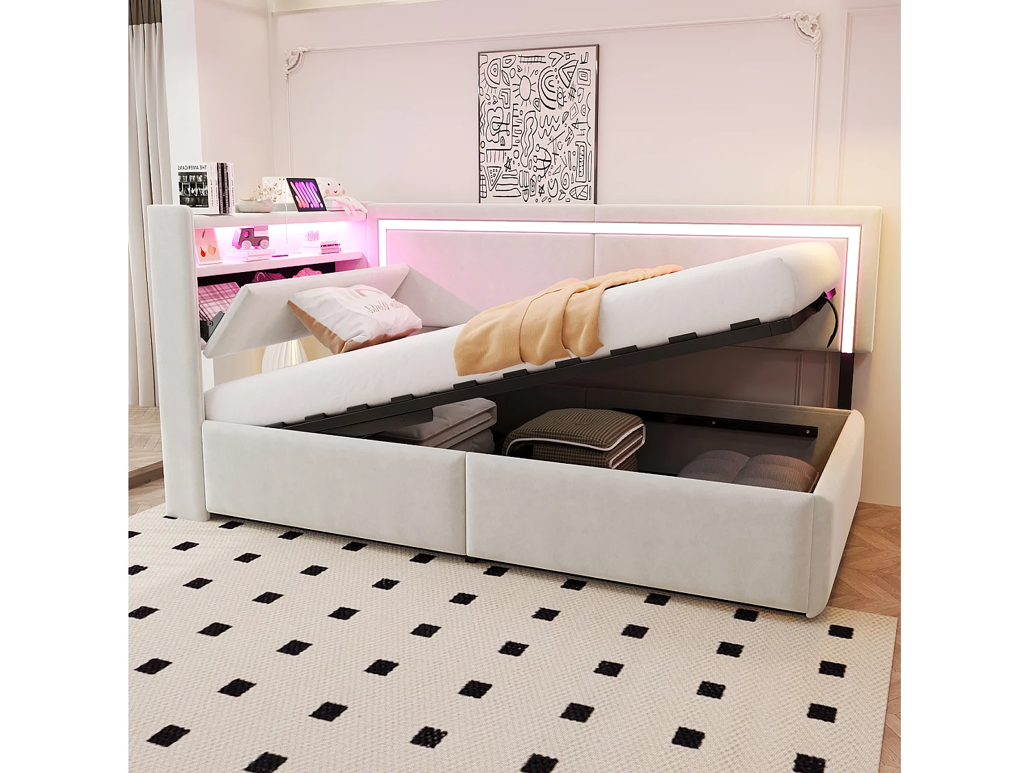 Sofá cama acolchado 90x200cm - con iluminación LED - con puertos USB - tejido de terciopelo - beige​ (colchón no incluido)