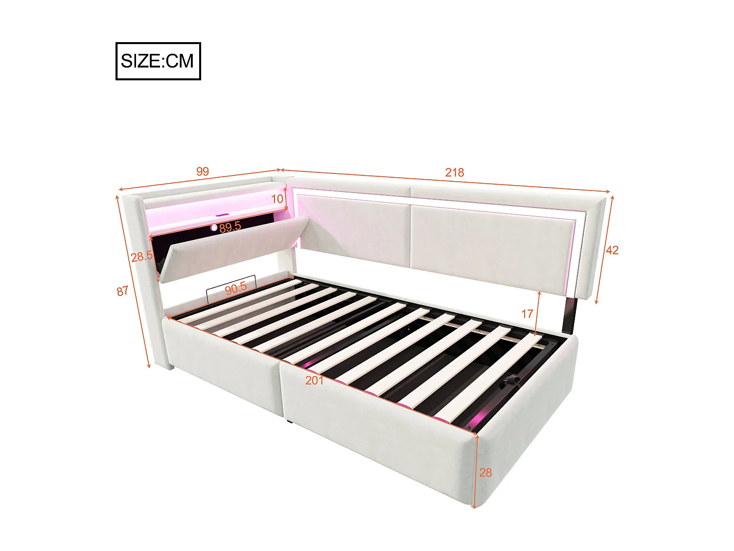 Sofá cama acolchado 90x200cm - con iluminación LED - con puertos USB - tejido de terciopelo - beige​ (colchón no incluido)
